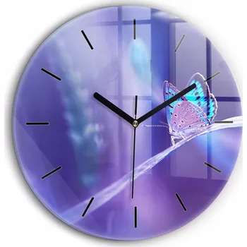 Hodiny Moderní skleněné nástěnné hodiny s potiskem Motýl na trávě, průměr 60 cm