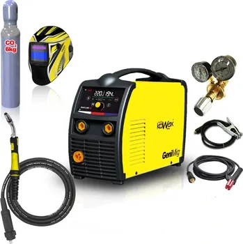 Svářečka KOWAX GeniMig 220LCD, SYN, DIGI, 2T/4T + kabely + hořák + ventil + kukla + láhev CO2 plná