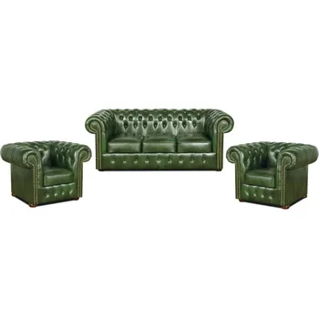 Obývací stěna Sedací souprava Chesterfield Classic 3+1+1 kůže zelená
