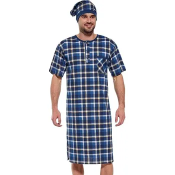 Pánské pyžamo Pánská noční košile a noční čepice Cesar s krátkým rukávem modrá M - Dárková krabička
