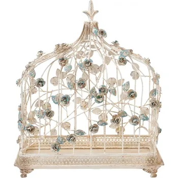 Bílá dekorativní ptačí klec z kovu s motivem kytiček – 42x21x50 cm + doprava zdarma