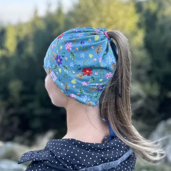 Čepice Bruno na culík - vzor 04 - Culíkovka - modrozelená kytičky XL 56 - 58