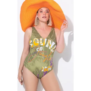 Dámské plavky Ulla Popken, Plus size Plavky, džungle, bez měkkých košíčků, výstřih do V pro plnoštíhlé nadměrná velikost, 836939440-1015, zelený, 58, Nadměrné velikosti, Plus size oblečení, Oblečení pro boubelky, Oblečení pro baculky, Oblečení pro plnoštíhlé, Oblečení 