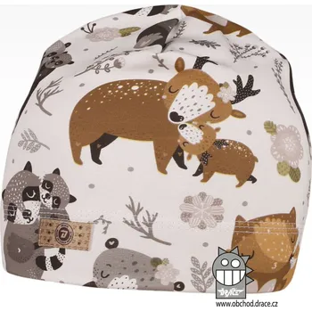 Čepice Bavlněná celopotištěná čepice - vzor 06 - bílá, lesní zvířátka 52 - 54
