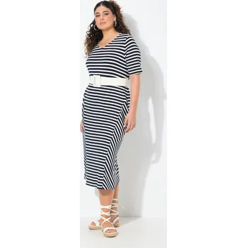 Dámské šaty Ulla Popken, Plus size Midi šaty, pruhy, A střih, výstřih do V, krátké rukávy, kapsy pro plnoštíhlé nadměrná velikost, 838561130-1130, modrý, 50/52, Nadměrné velikosti, Plus size oblečení, Oblečení pro boubelky, Oblečení pro baculky, Oblečení pro plnoštíh
