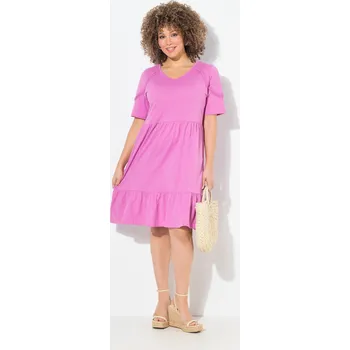 Dámské šaty Ulla Popken, Plus size Žerzejové šaty, ozdobná stuha, A střih, výstřih do V, krátké rukávy pro plnoštíhlé nadměrná velikost, 840115807-1129, růžový, 46/48, Nadměrné velikosti, Plus size oblečení, Oblečení pro boubelky, Oblečení pro baculky, Oblečení pro p