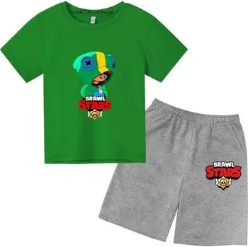 Brawl Stars Dětský letní set - tričko + šedé kraťasy s motivem "Brawl Stars" Barva: šedé kraťasy + zelené tričko, Velikost: 110