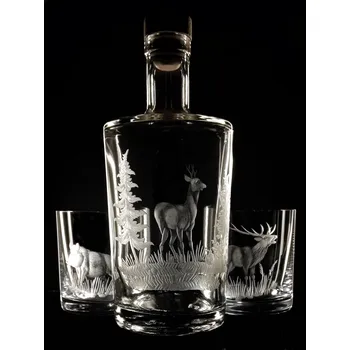 Sklenice sada na whisky lahev 0,7l a 2 ks sklenic s rytinou srnce - ručně ryté (broušené) dárková krabička, dárek pro myslivce