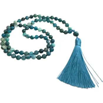 Přívěsek Achát modrý náhrdelník, přírodní kámen vázaný 80 + 1, elastický, korálek 8 mm, klid - ochrana - síla - harmonie