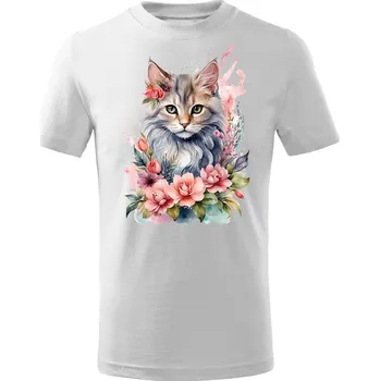 Dívčí tričko Dětské bavlněné tričko s potiskem - vzor 029 - bílá / kočka s květinami 122