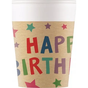 Party nádobí KELÍMKY HAPPY BIRTHDAY 200 ML 8 KS BAREVNÉ NAROZENINOVÉ HVĚZDIČKY