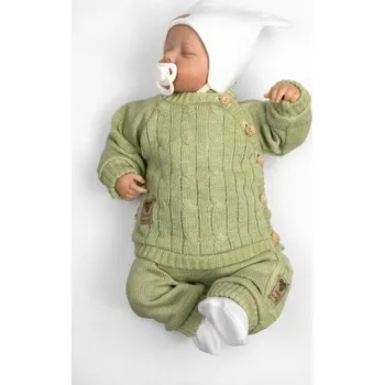 Kojenecká souprava Rostoucí pletený svetřík a kalhoty s kapsou Hand Made 2D, Nature, olivová, Velikost koj. oblečení 56/62 (0-3m)