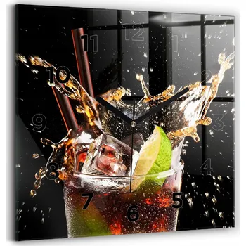 Hodiny Čtvercové Skleněné Nástěnné Hodiny do Kanceláře se Vzorem Drink s ledem 30x30 cm