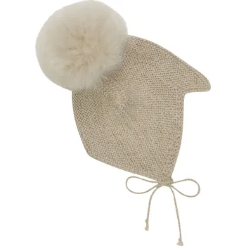 Kojenecká čepice HUTTELiHUT - Kojenecká čepička na zavazování s bambulí z alpačí srsti - Béžová VARIANTY: 86/92