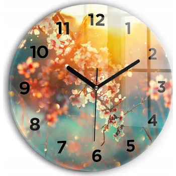 Hodiny Čtvercové Skleněné Nástěnné Hodiny do Kanceláře s Grafikou Jarní Květiny fi30 cm