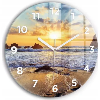 Hodiny Moderní skleněné nástěnné hodiny s potiskem Západ slunce na pláži průměr 30 cm