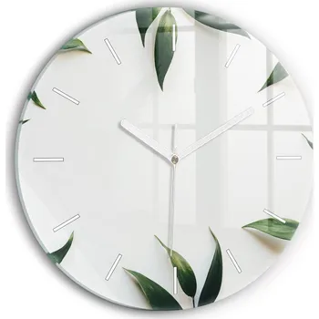 Hodiny Moderní skleněné nástěnné hodiny s potiskem Rámeček s motivem listů, kulatý, průměr 30 cm