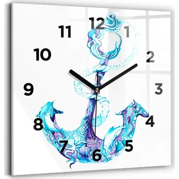 Hodiny Čtvercové Skleněné Nástěnné Hodiny do Kanceláře s Motivem Mořská Kotva 30x30 cm