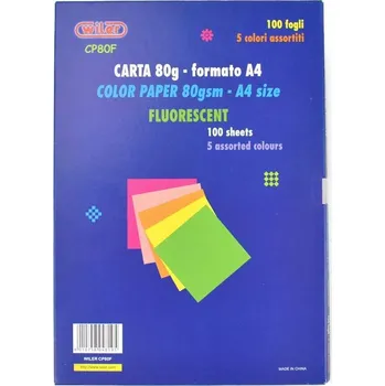 Barevný papír Sada barevných papírů Fluorescent A4, 80g, 100 ks