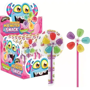 Bonbon Lízátko 16 g VĚTRNÍK - WINDMILL MONSTER (balení 30 ks) (ovocné lízátko / 5 mini lízátek ve tvaru větrníku / 5 barev)
