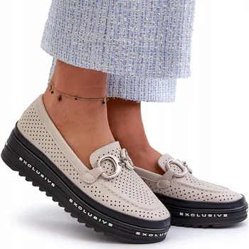 Dámské mokasíny Dámské kožené mokasíny na platformě s ozdobou S.BARSKI LR750 béžové 40