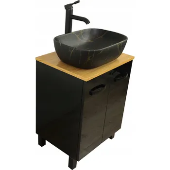 Koupelnový nábytek STOJÍCÍ SKŘÍŇKA POD UMYVADLO ČERNÝ LESK 70 CM | DESKA DUB LAKOVANÝ