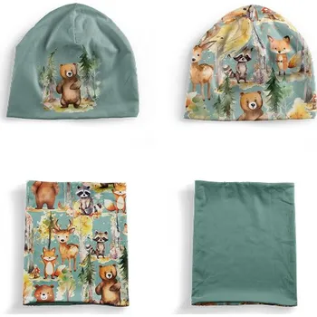 Panel se střihem S funkční úplet STRONG set čepice a nákrčník lesní dobrodružství zvířátek tmavá máta