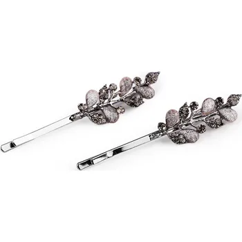 Sponky do vlasů / pinetky s broušenými kamínky květy, list, barva 2 antracit list