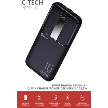 Pouzdro na mobilní telefon C-TECH Powerbanka 10000mAh, Li-Pol, 22,5W, USB-C/USB-A/micro USB