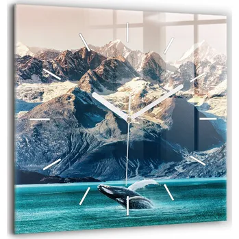 Hodiny Čtvercové Skleněné Nástěnné Hodiny do Kanceláře se Vzorem Velryba voda 60x60 cm