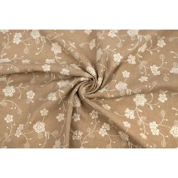 Lněná tkanina bílé vyšívané květy na přírodní