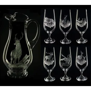 Sklenice džbán na pivo 1,5l + 6skleneklara 380ml s mysliveckou rytinou - ručně ryté (broušené), dárek pro myslivce