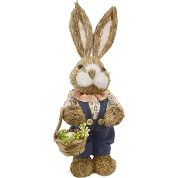 Velikonoční dekorace Velikonoční zajíček ze slámy s košíkem 13 x 33 x 11 cm modrý
