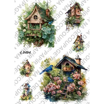 Umělecký papír Rýžový a soft papír na decoupage - Ptačí budka - KB0494 Materiál: Rýžový papír, Rozměr: A4