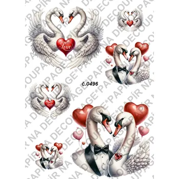 Umělecký papír Rýžový a soft papír na decoupage - Labutě, srdíčka, láska - KB0496 Materiál: Soft, Rozměr: A4