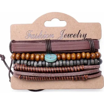 Náramek Sada čtyř módních náramků imitace kůže a dřevo Znamení míru nastavitelný obvod