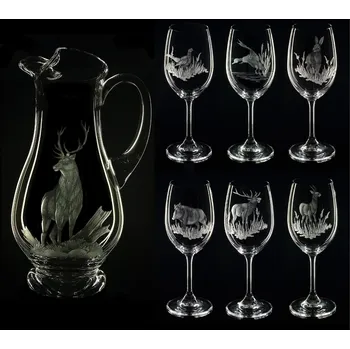 Sklenice džbán na víno + 6 sklenek Lara 350ml s mysliveckou rytinou - ručně ryté (broušené), dárek pro myslivce