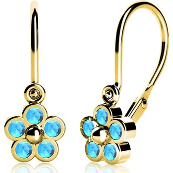 Náušnice Dětské náušnice ze žlutého zlata - kytičky se světle modrými zirkony