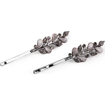 Sponky do vlasů / pinetky s broušenými kamínky květy, list Varianta: 2 antracit list, Balení: 2 ks