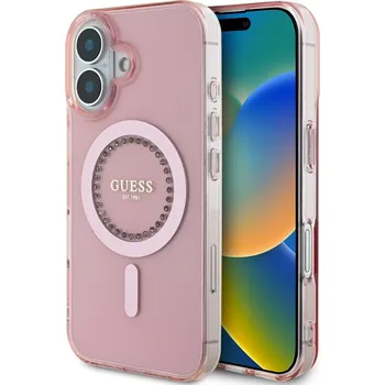 Telefonní příslušenství Guess IML Rhinestones Ring MagSafe Zadní Kryt pro iPhone 16 Pink Guess IML Rhinestones Ring MagSafe zadní kryt na telefon je skvělým doplňkem pro všechny milovníky stylu a praktičnosti. Tento kryt je