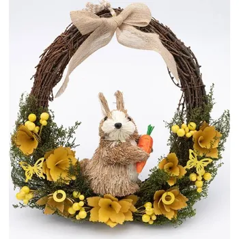Vánoční ozdoba DECOLED Velikonoční věnec, 33 x 31 x 10 cm, proutí, žluté květy a zajíc s mrkví