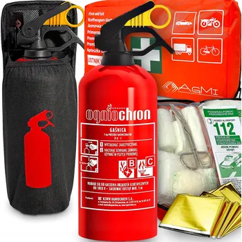 Hasicí přístroj AGMI HASICÍ PŘÍSTROJ 1KG + AUTOLÉKÁRNIČKA DIN13164 + SUCHÝ ZIP NA HASICÍ PŘÍSTROJ + DRŽÁK DO KUFRU