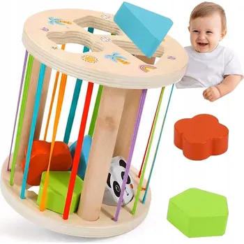 Dřevěná hračka DREWNIANY SORTER KLOCKÓW ELASTYCZNA KOSTKA SENZORICKÁ MONTESSORI GUMIČKY 6