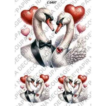 Umělecký papír Rýžový a soft papír na decoupage - Labutě, srdíčka, láska - KB0497 Materiál: Soft, Rozměr: A4