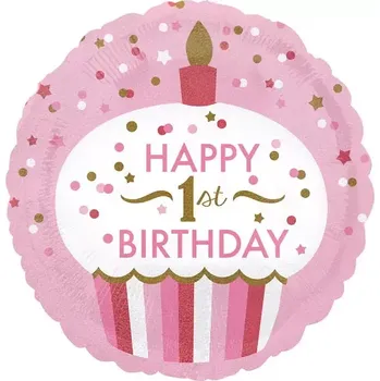 Balónek Foliový balonek Happy 1st birthday holografický růžový 43 cm
