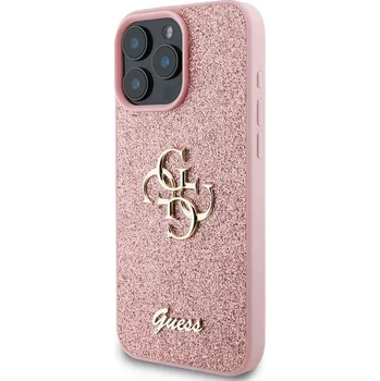 Pouzdro na mobilní telefon Guess PU Fixed Glitter 4G Metal Logo Zadní Kryt pro iPhone 16 Pro Růžová Luxusní růžový zadní kryt s třpytivými detaily a metalickým logem 4G, určený pro iPhone 16 Pro