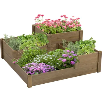 Vyvýšený záhon Vyvýšený záhon Outsunny se 3 schůdky, truhlík na bylinky, jedlové dřevo, hnědá, 122x122x51 cm na terasu a balkon