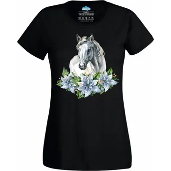Dámské tričko Bílý Andaluský Kůň s květy (Velikost: 4XL, Barva: Černá)