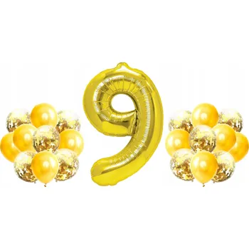 Balónek ZLATÁ sada na 9. NAROZENINY 100 cm balónky s konfetami