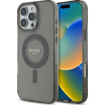 Telefonní příslušenství Guess IML Rhinestones Ring MagSafe Zadní Kryt pro iPhone 16 Pro Black Guess IML Rhinestones Ring MagSafe zadní kryt na telefon je skvělým doplňkem pro všechny milovníky stylu a praktičnosti. Tento kr